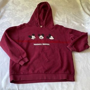 Disney maroon hoodie frill on hood fuzzy stripe under 3 faces of Mickey Sz 14
